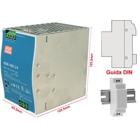MW MEAN WELL NDR-480-24 Trasformatore Rotaia Industriale 24V 480W 20A Barra Guida DIN Rail Power Supply Input 220V 110V