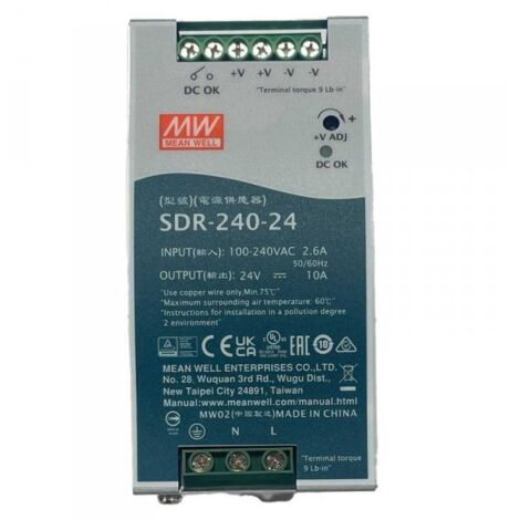 MW MEAN WELL SDR-240-24 Alimentatore DIN RAIL 240W 24V 10A Per Automazione Industriale Input 220V 110V