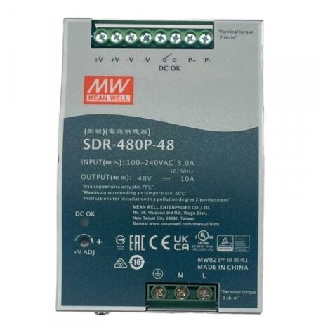 MW MEAN WELL SDR-480P-48 Alimentatore DIN RAIL 480W 48V 10A Per Automazione Industriale Input 220V 110
