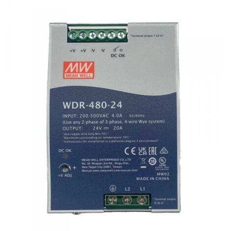 MW MEAN WELL WDR-480-24 Alimentatore Slim DIN Rail 480W 24V 20A Input 180-550V
