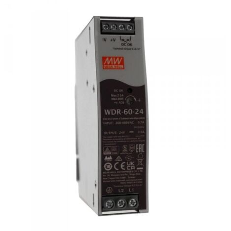 MW MEAN WELL WDR-60-24 Alimentatore Slim DIN Rail 60W 24V 2,5A Input 180-550V