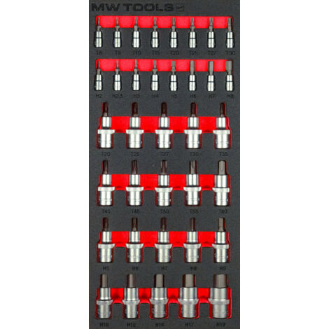 Mw Tools – Jeu de douilles à embouts Hex-Torx 36 pièces – 8 embouts hex 1/4, 10 embouts hex 1/2, 8 embouts Torx 1/4, 10 embouts Torx 1/2 – Accessoire pour servante d'atelier – MWDBI141236
