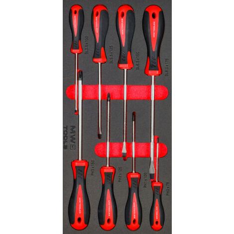 Mw Tools – Jeu de tournevis plat PH 8 pièces – Longueur 100 à 175mm – Empreinte pour vis bois et métal – MWSC7PLPH