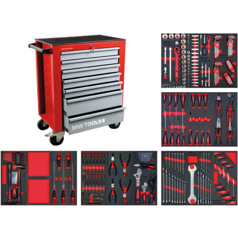 Mw Tools – Servante d'atelier roulante 750x475x960mm – 212 outils en acier chrome vanadium – Charge maximale 300kg – MWE211G
