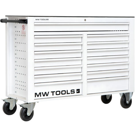 Mw Tools – Servante d'atelier roulante 15 tiroirs blanche XXL 1415 mm – Acier soudé verrouillable – Roues Ø 125 mm – GW115W