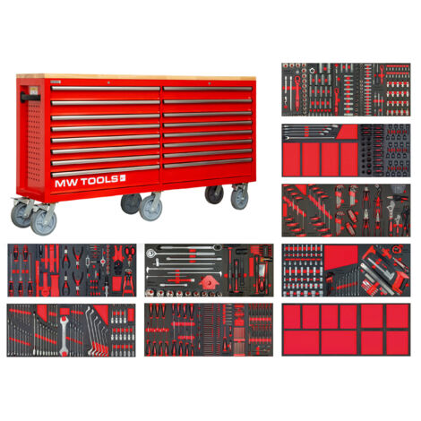 Mw Tools – Servante d'atelier roulante extra large 2150x470x1145mm – 10 tiroirs 40kg chacun – 729 outils inclus – MWE799G6A