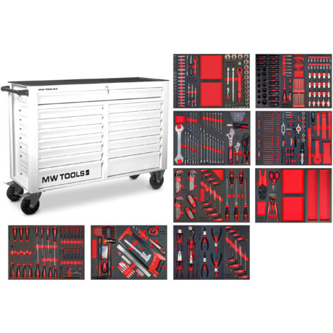 Mw Tools – Servante d'atelier roulante large 514 outils – 15 tiroirs – Dimensions 1450x480x1050mm – Charge maximale optimisée – MWE512G4W