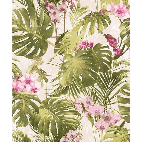 main image of "Myriad Floral Wallpaper Pink Orchid Flowers Tropical Leaves Botanical Textured"