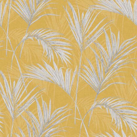 Myriad Palm Springs Fern Wallpaper Mustard Grey Shimmer Tropical Textured