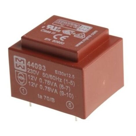 Myrra 44093 Transformateur pour circuit imprimé Myrra, 12V c.a., 230V c.a., 1.5VA, 2 sorties