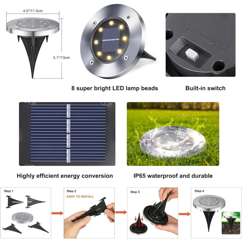 KZQ - Spot led 8 led encastré, lumière blanche chaude, étanche IP65, éclairage de sol pour pelouse, allée, escalier, paysage