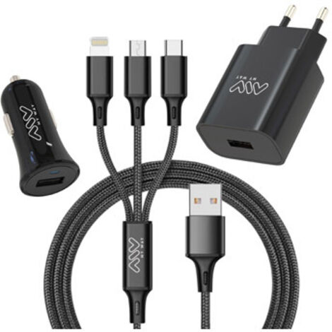 myway pack cargador de coche usb+cargador de casa usb+cable 3 en 1 micro usb, tipo C y lightning negro