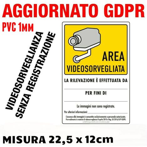 N°2 Cartelli in PVC plastificato "AREA VIDEOSORVEGLIATA" - 15 x 22,5 cm - Aggiornato GDPR UE 2016/679
