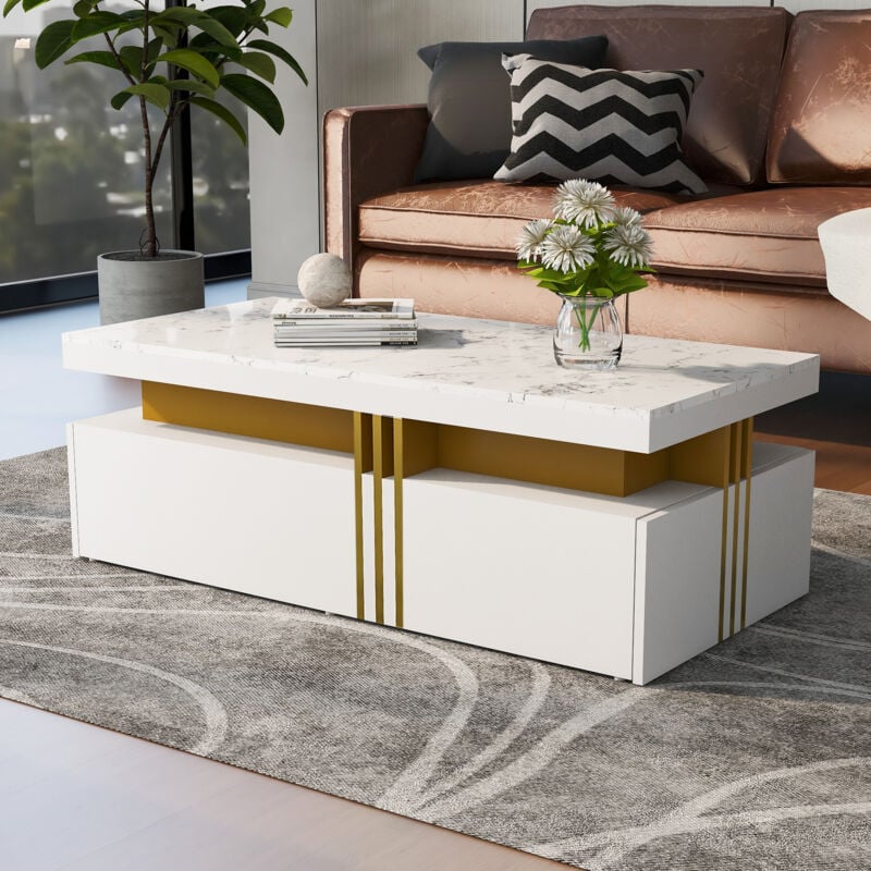 Table basse rectangulaire blanche brillante avec 2 tiroirs en bois, plateau en marbre, pour salon, 100x50x40 cm