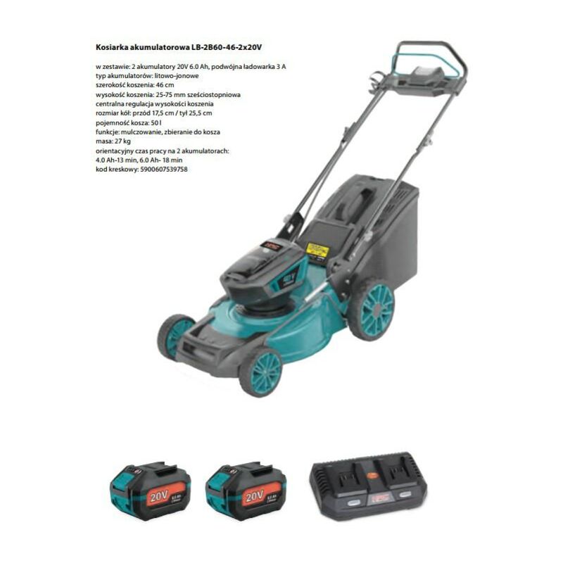 Tondeuse de batterie de 20 v avec 2 batteries de lithium-ion de 4.0 Ah et double chargeur de 3,0 a, largeur of coupe 40 cm, tondeuse électrique 40