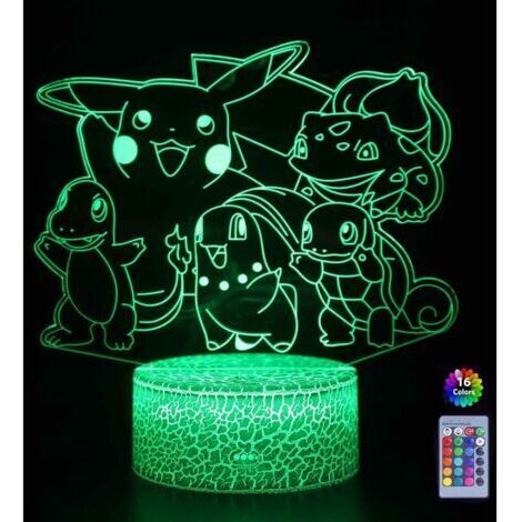 SNQ Nachtlicht 3D Pokemon Pikachu Nachtlampe LED Nachttischlampe Fernbedienung Touch 16 Farben wechselnder USB-Stecker,