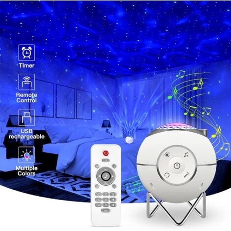 Nachtlicht für Kinder, USB wiederaufladbare LED-Musikprojektorlampe mit 14 Modi & Fernbedienung & Timer & Metallhalterung für Kinder Erwachsene Geschenke Home Party Dekoration (Weiß)