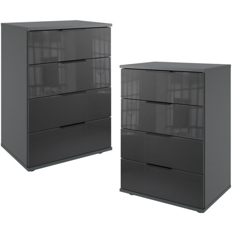 Nachtschrank 2er Set 74cm hoch, graphit mit schwarzem Glas, ideal für Boxspringbetten, STRATFORD-43