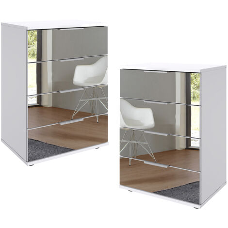 Nachtschrank 2er Set 74cm hoch, weiß mit Spiegelfront, ideal für Boxspringbetten, STRATFORD-43
