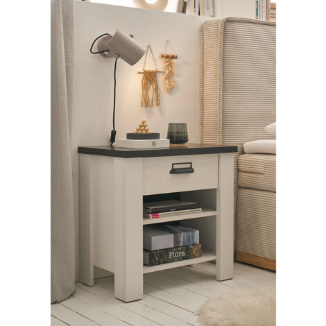 Nachtschrank SHELTON-61 in Pinie weiß mit anthrazit