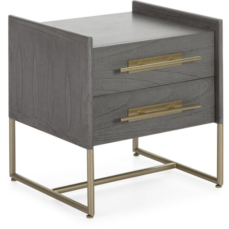 Nachttisch 2 Schubladen 50X45X54 Mindiholz ​​Grau/Goldenes Metall