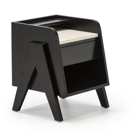 Nachttisch 46X45X45 Holz Schwarz/Creme Marmor