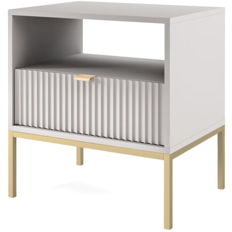 Nachttisch 50 cm Galla - Nachtschrank mit Schubladen - Nachtkommode mit Metallgestell für Polsterbett - geriffelten Fronten & goldene Griffe (Grau + Gold)