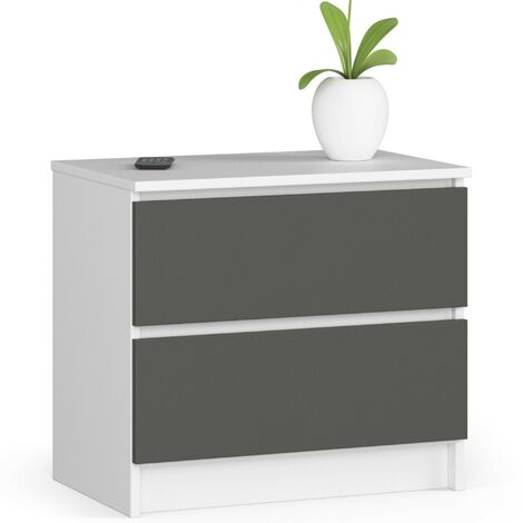 Nachttisch AKORD K60 in der Farbe Weiß mit 2 Schubladen Front Graphitgrau B60 x H55 x T40 cm