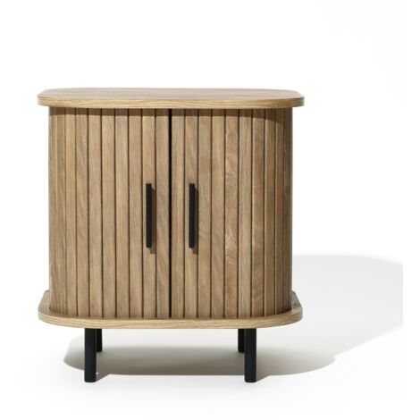 Nachttisch aus Holz im Mid-Century Stil – Beistelltisch mit Rolltür für Schlafzimmer und Wohnzimmer