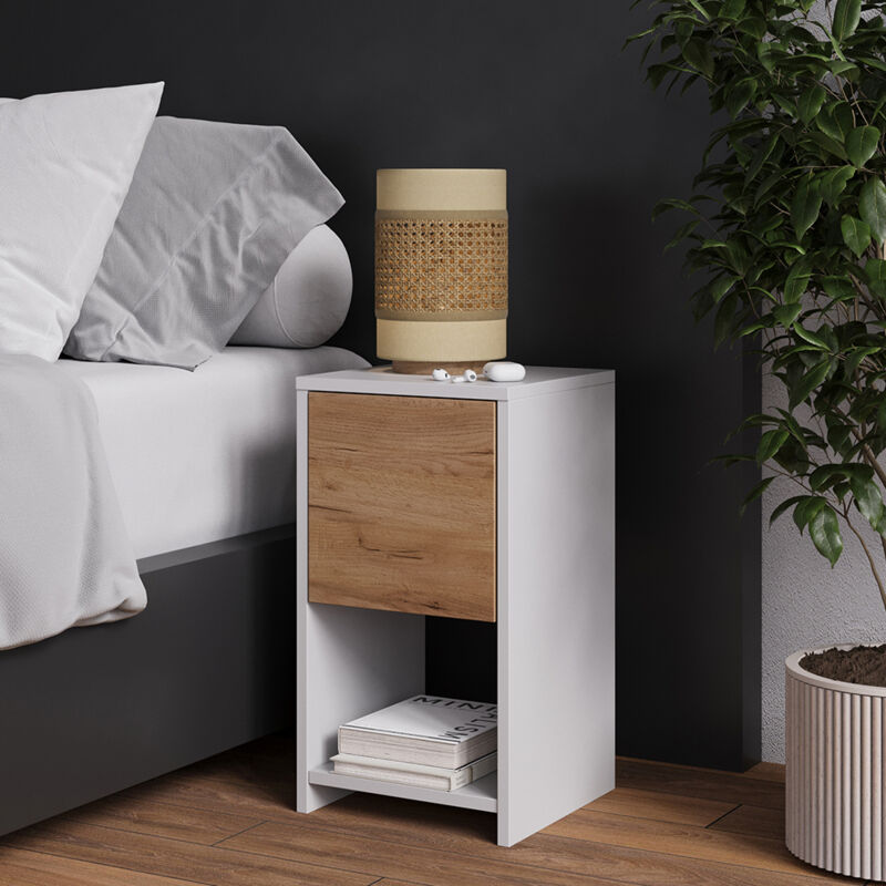 Nachttisch Evo, Weiß/goldkraft Eiche, 2er Set, Vicco