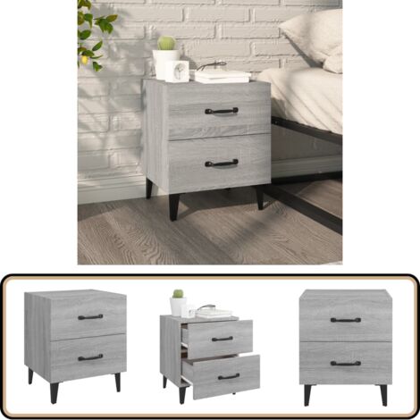 Nachttisch Grau Sonoma 40x35x47,5 cm - Industrieller Nachttisch - Holzwerkstoff Tisch - Metall Beinen - Grau Nachttisch - Wohnzimmer Möbel