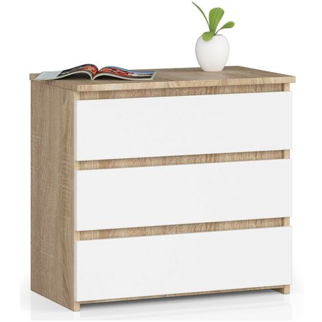 Nachttisch in minimalistischer Optik AKORD CL3 in der Farbe Sonoma-Eiche mit 3 Schubladen Front Weiß B60 x H57 x T35 cm