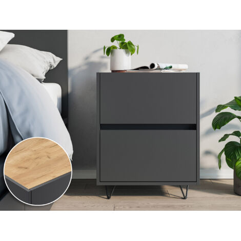 Nachttisch Kommode You 50cm 2 SoftClose stehend Grafit und Eiche Top