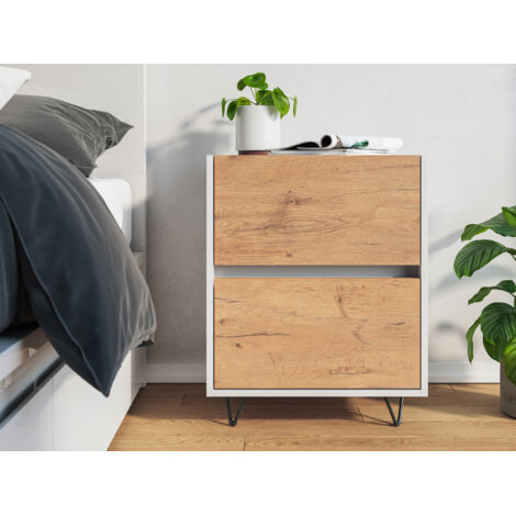 Nachttisch Kommode You 50cm 2 SoftClose stehend Weiß und Eiche Front