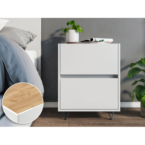 Nachttisch Kommode You 50cm 2 SoftClose stehend Weiß und Eiche Top
