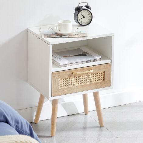 Nachttisch MDF in Weiß/Natur mit Rattanfront, Schublade und Massivholzbeinen