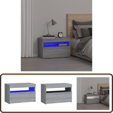Nachttisch mit LED-Leuchten Grau Sonoma 60x35x40 cm - Nachttisch - Wohnzimmermöbel - Holzwerkstoff Möbel - LED Tischleuchte - Grauer Nachttisch