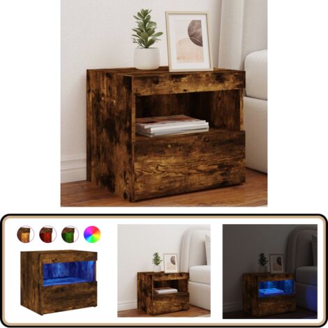 Nachttisch mit LED-Leuchten Räuchereiche 50x40x45 cm - Nachttisch - Wohnzimmermöbel - Schlafzimmerschreibtisch - Holzwerkstoff Möbel - LED Beleuchtung