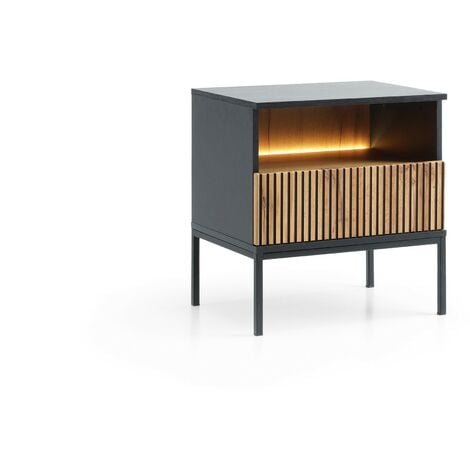 Nachttisch mit Schubladen Haller - Nachtkommode für Polsterbett, Boxspringbett  - Nachtschrank, Telefontisch - Loft Stil (Wotan Eiche / Schwarz)