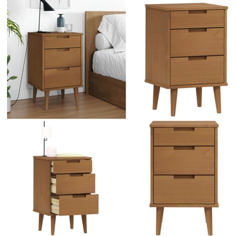 Nachttisch MOLDE Braun 40x35x65 cm Massivholz Kiefer - Holznachtt Tisch - Kiefernholzmöbel - Wohnzimmerdeko - Skandinavisches Design - Nachttisch Mit Schubladen - Home & Living