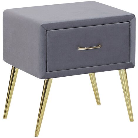 Nachttisch Samtstoff grau mit Schublade Metallgestell gold Modern Glam Flayat - Grau