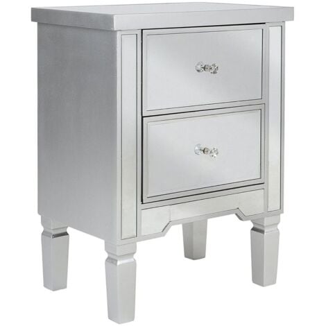 Nachttisch Silber Glas MDF Platte 63 x 49 x 32 cm Glamourös Spiegeleffekt Geräumige Schubladen Dekorativ Funktional Schlafzimmer