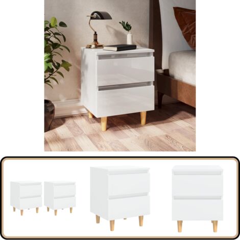 Nachttische 2 Stk. mit Kiefernholz-Beinen Hochglanz-Weiß - Nachttisch - Schreibtischlampe - Wohnzimmer Deko - Skandinavisches Design - Massiver Holzkörper