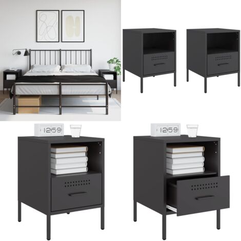 Nachttische 2 Stk. Schwarz 36x39x50,5 cm Stahl - Industrielles Design - Nachttisch Schwarz - Schreibtischlampe - Regal - Kommode - Home & Living