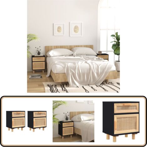 Nachttische 2 Stk. Schwarz Massivholz Kiefer und Natur-Rattan - Nachttisch - Wohnzimmerdeko - Schlafzimmermöbel - Sideboard - Kommode
