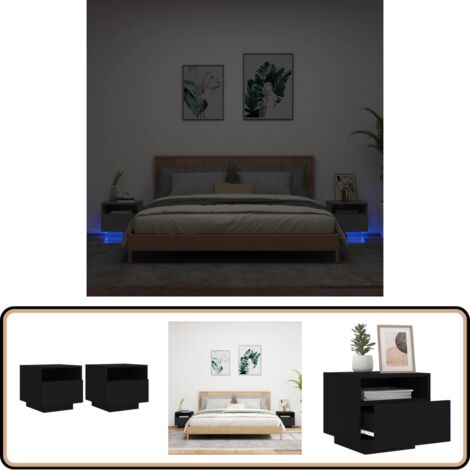 Nachttische mit LED-Leuchten 2 Stk. Schwarz 40x39x37 cm - Nachttisch - Wohnzimmermöbel - Schlafzimmerschreibtisch - LED Beleuchtung - Holzmöbel