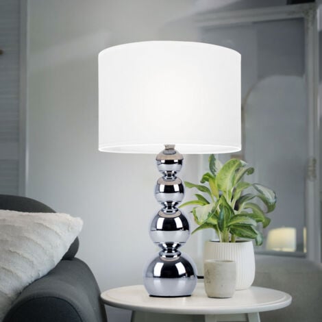 RANEX Nachttischleuchte Touchdimmer Tischlampe chrom Wohnzimmerlampe Leselampe, Metall Textil weiß, 1x E14, DxH 25 x 43 cm