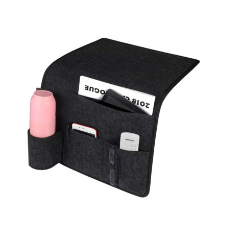 Nachttischtasche aus Filz, Aufbewahrungstasche mit Flaschenhalter, Organizer für Fernbedienung, Handy, Tablet, Zeitschriften, Brille, Stift – Dunkelgrau