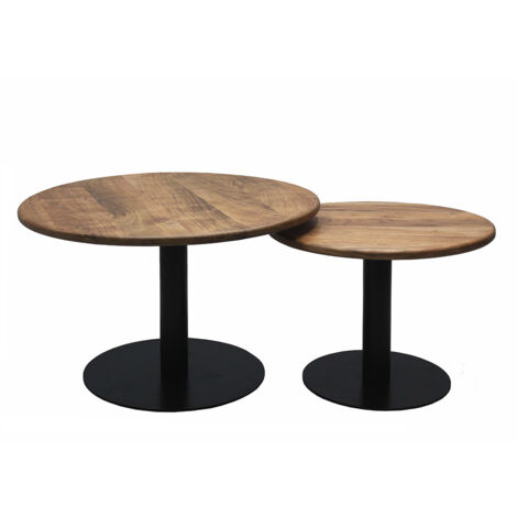 NADINE - Lot de 2 Tables Plateau Manguier Massif Pieds Métal Noir