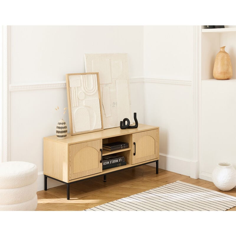 Bestmobilier - Nagato - meuble tv - cannage et bois - 120 cm - bois / noir